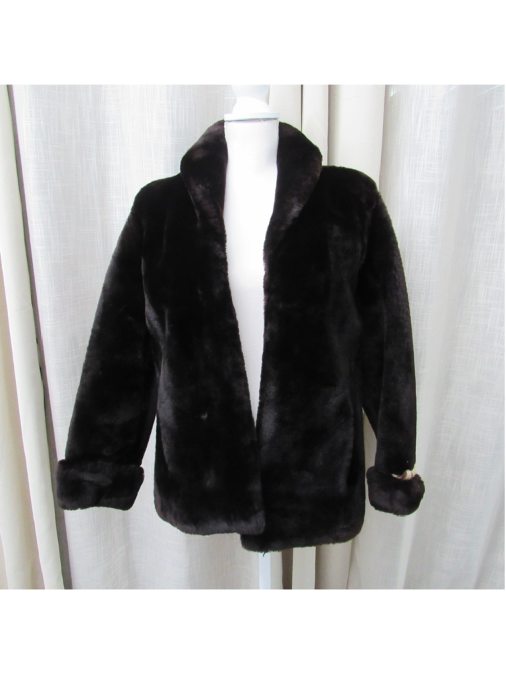 VTG 1960s Chocolate Brown Faux Fur Coat Shawl Collar Floral Satin Lining M/L